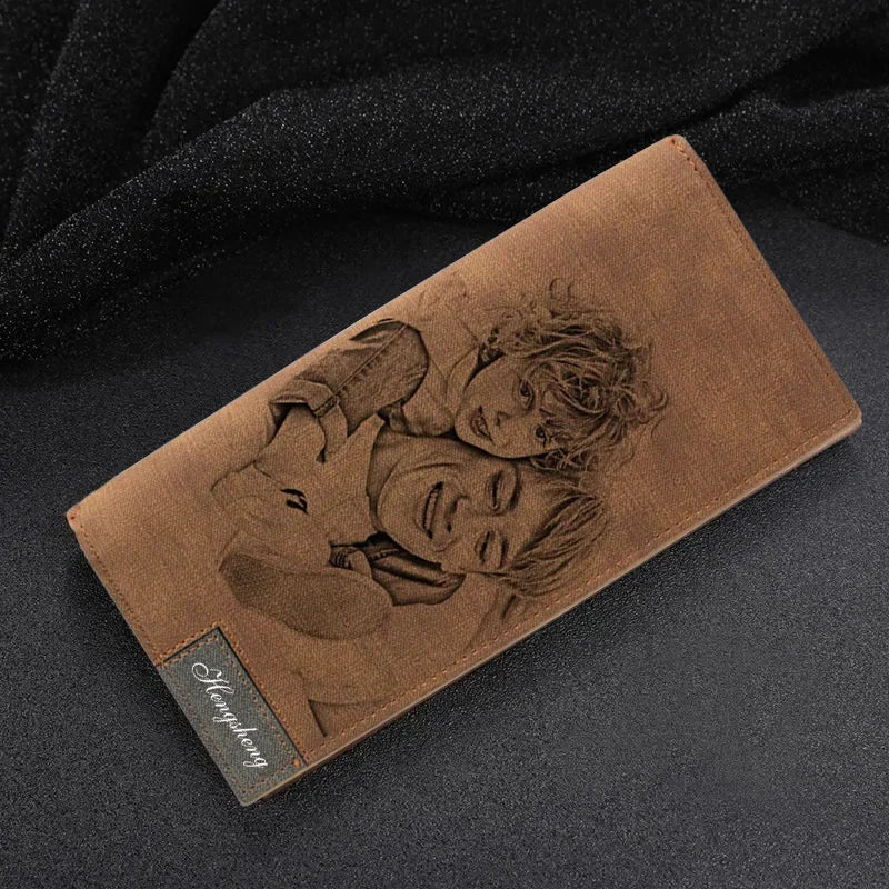 Zciti Personality Picture Wallet Men Slim Long Style Bifold Custom Photo Carving Text PU Leather Engraving Father's Day Purses