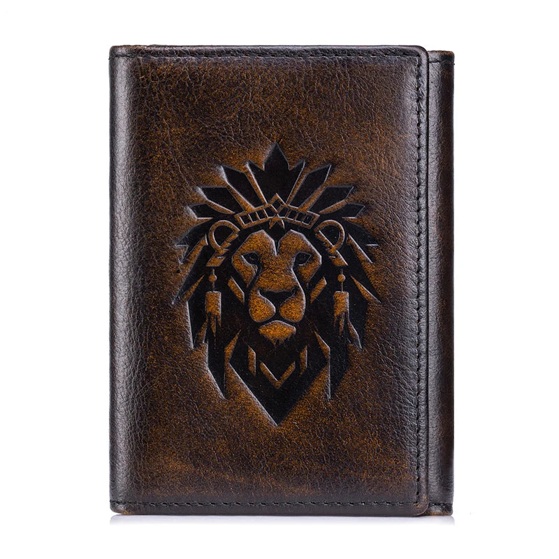 Vintage 2026 Men's Wallets Top Grain Leather RFID Blocking  Short Trifold Wallet with Engraved Lion Head 8 Card Slots ID Window
