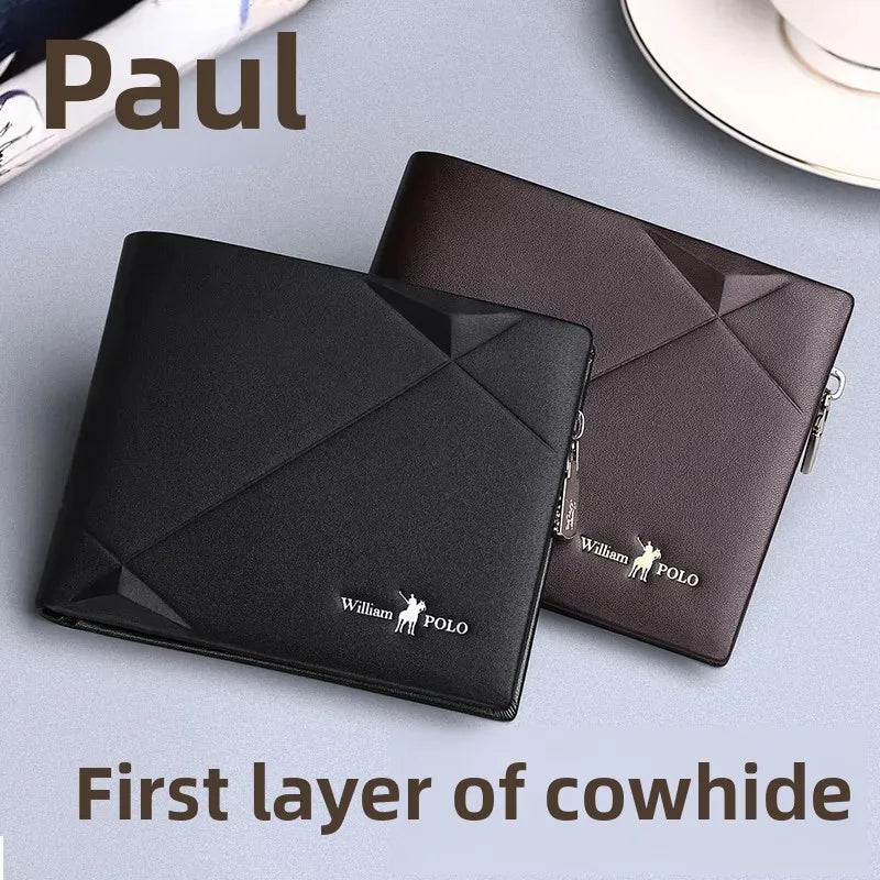Paul King Men's Short Thin Leather Wallet Multi-Card Simple Business Money Clip Wallet Male Pure Color Artificial Leather Lining