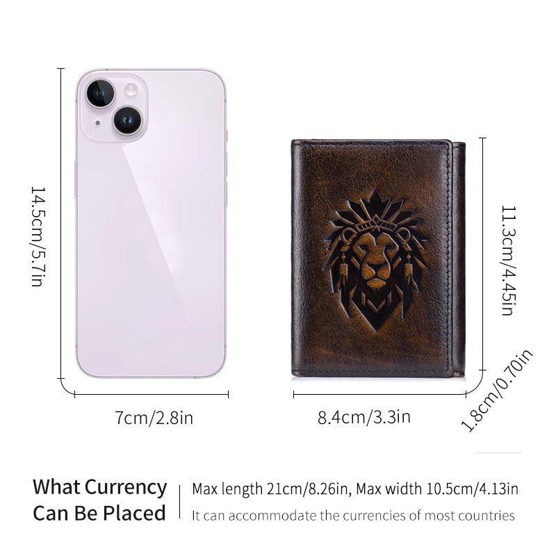 Vintage 2026 Men's Wallets Top Grain Leather RFID Blocking  Short Trifold Wallet with Engraved Lion Head 8 Card Slots ID Window