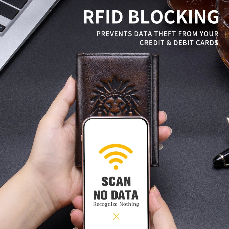 Vintage 2026 Men's Wallets Top Grain Leather RFID Blocking  Short Trifold Wallet with Engraved Lion Head 8 Card Slots ID Window